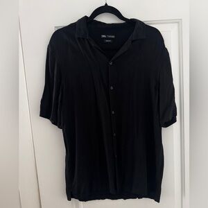 Zara Men’s Black Short-Sleeve Camp Collar Button-Down Shirt